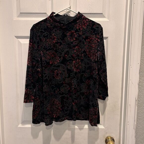 Chicos Velvet Burnout Floral Sheer Lined Mock Neck 3/4 Sleeve Blouse Size XL Top - Picture 1 of 9